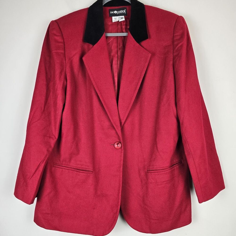 Sag Harbor Blazer Women 14 Red One Button Collared Wool Long Sleeve‎ Velvet.